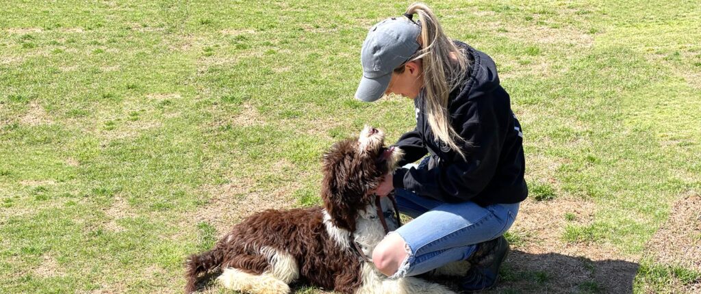 girl petting a dog on the grass